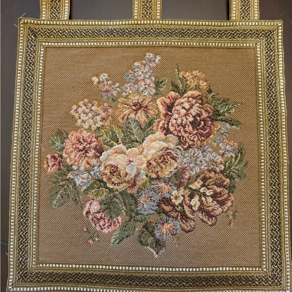 Pair of German Floral Tapestries with Raised Gold and White Border